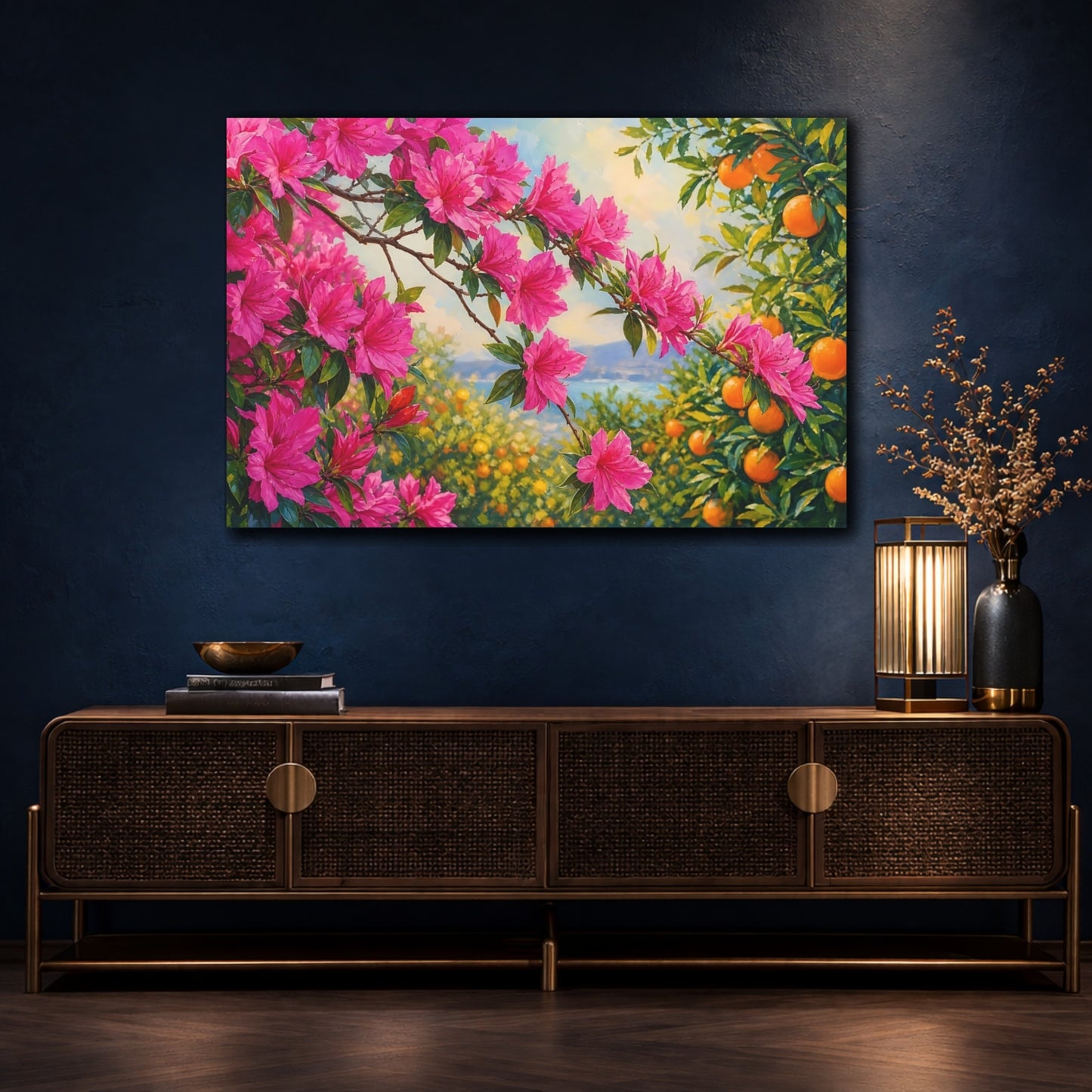 Mockup 4. Nature Pink Azaleas Pink Azaleas And Oranges shown as stretched canvas wall art