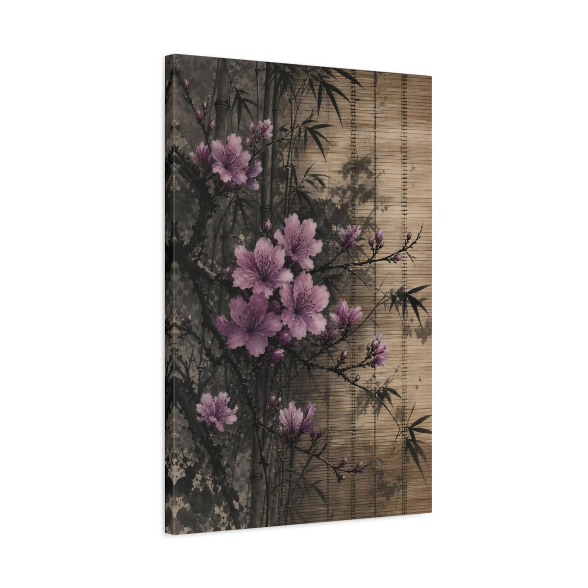Side Mockup 2. Nature Pink Blossoms Pink Floral Bamboo shown as stretched canvas wall art