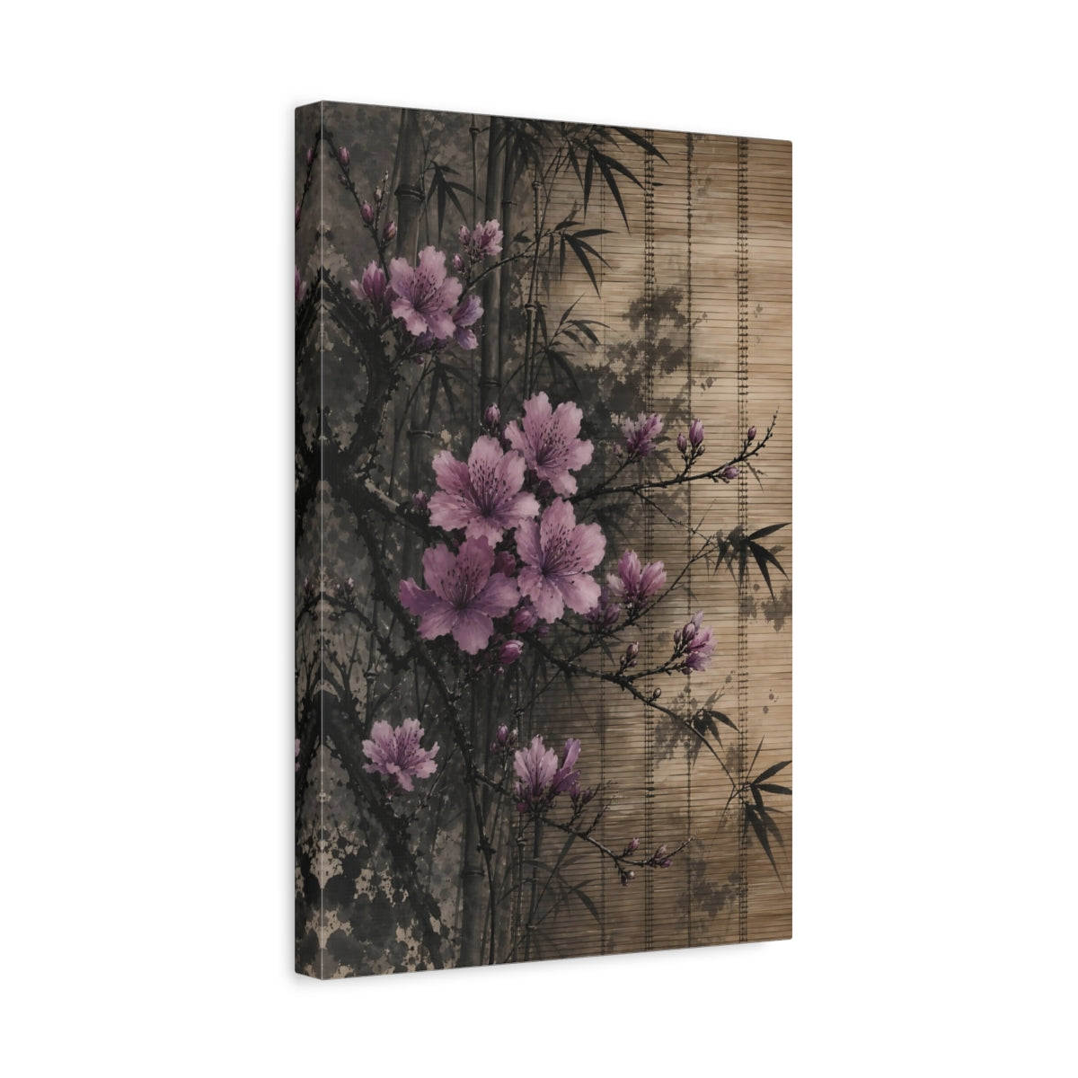 Side Mockup 4. Nature Pink Blossoms Pink Floral Bamboo shown as stretched canvas wall art