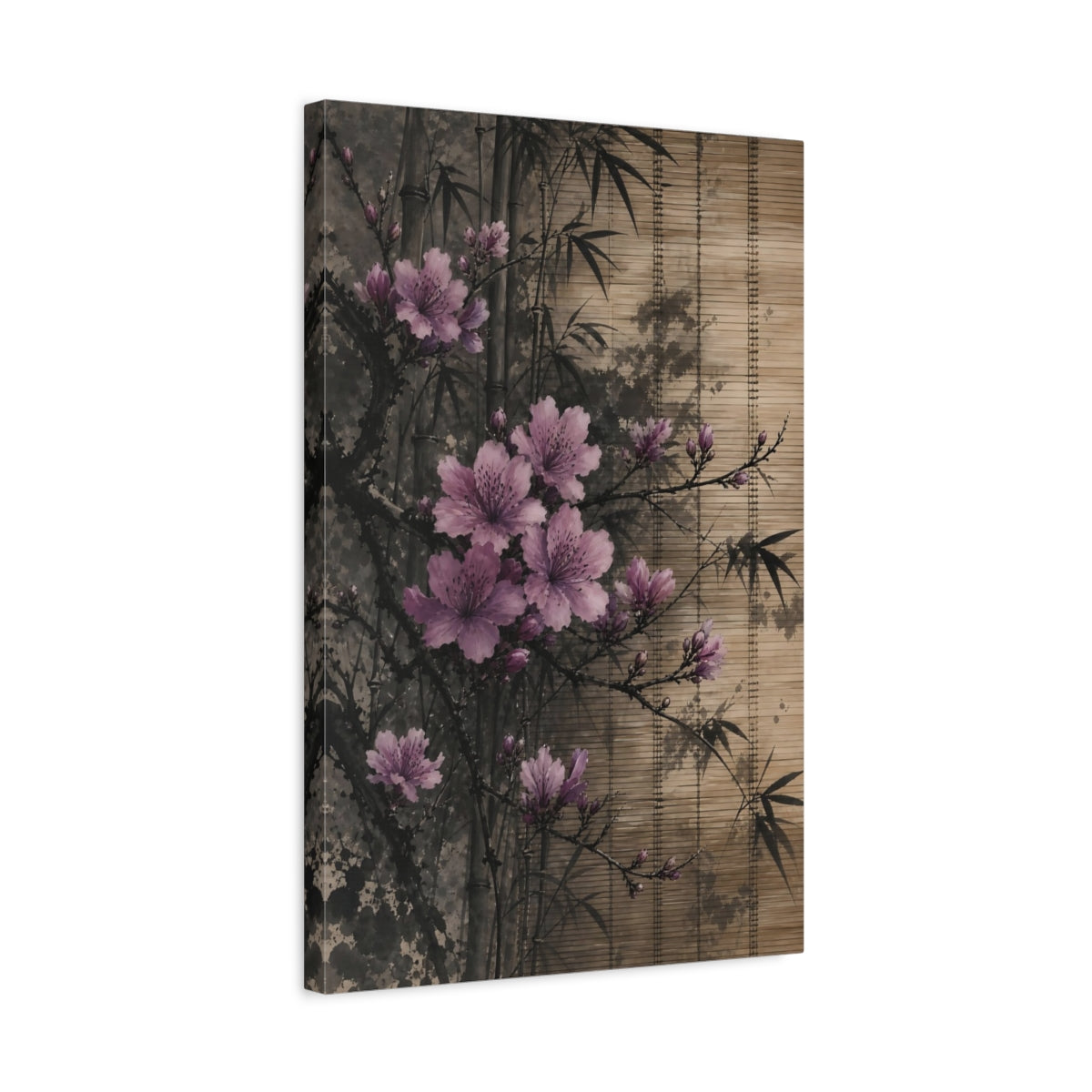 Side Mockup 3. Nature Pink Blossoms Pink Floral Bamboo shown as stretched canvas wall art