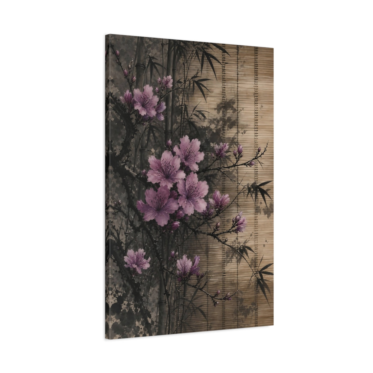 Main Mockup. Nature Pink Blossoms Pink Floral Bamboo shown as stretched canvas wall art