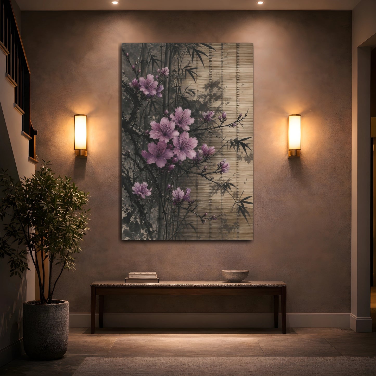 Mockup 2. Nature Pink Blossoms Pink Floral Bamboo shown as stretched canvas wall art