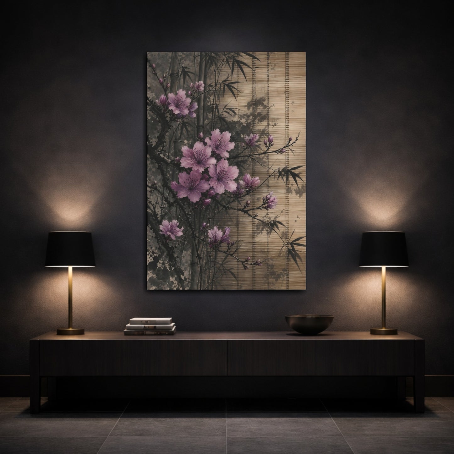 Mockup 3. Nature Pink Blossoms Pink Floral Bamboo shown as stretched canvas wall art
