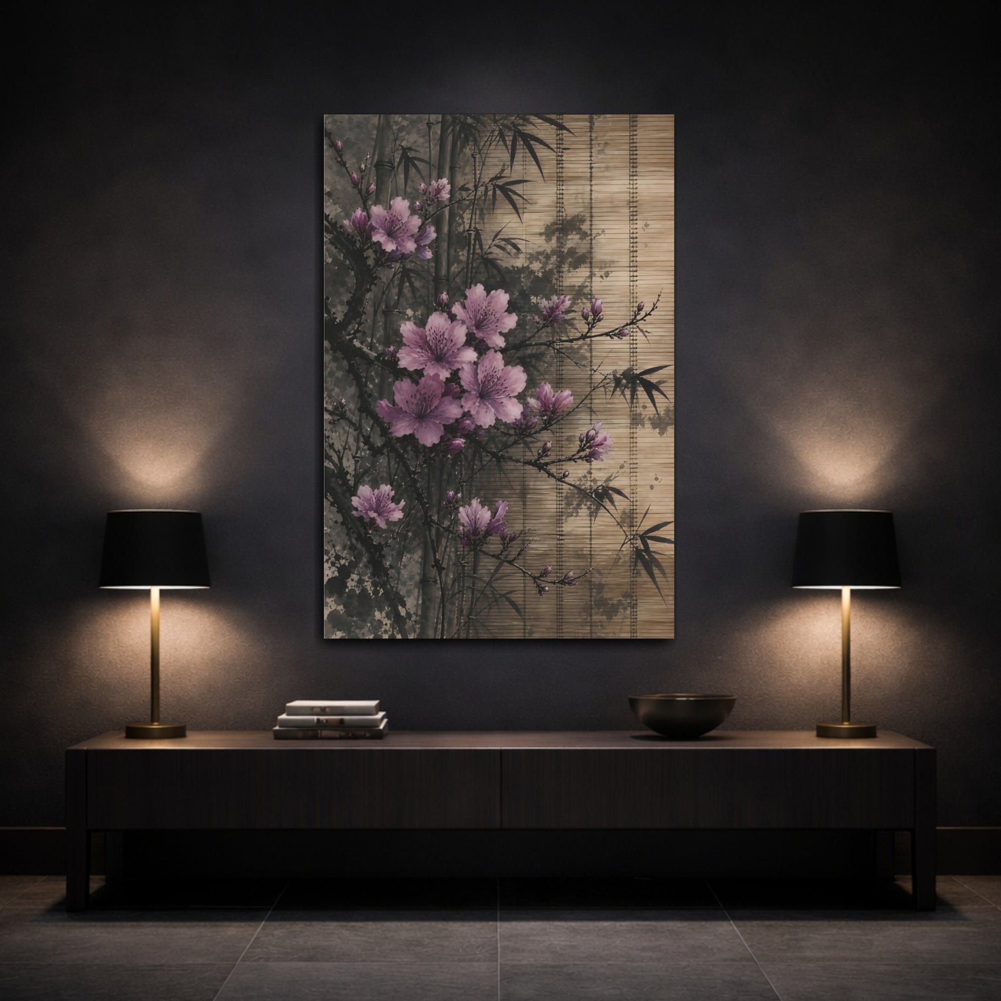 Mockup 3. Nature Pink Blossoms Pink Floral Bamboo shown as stretched canvas wall art