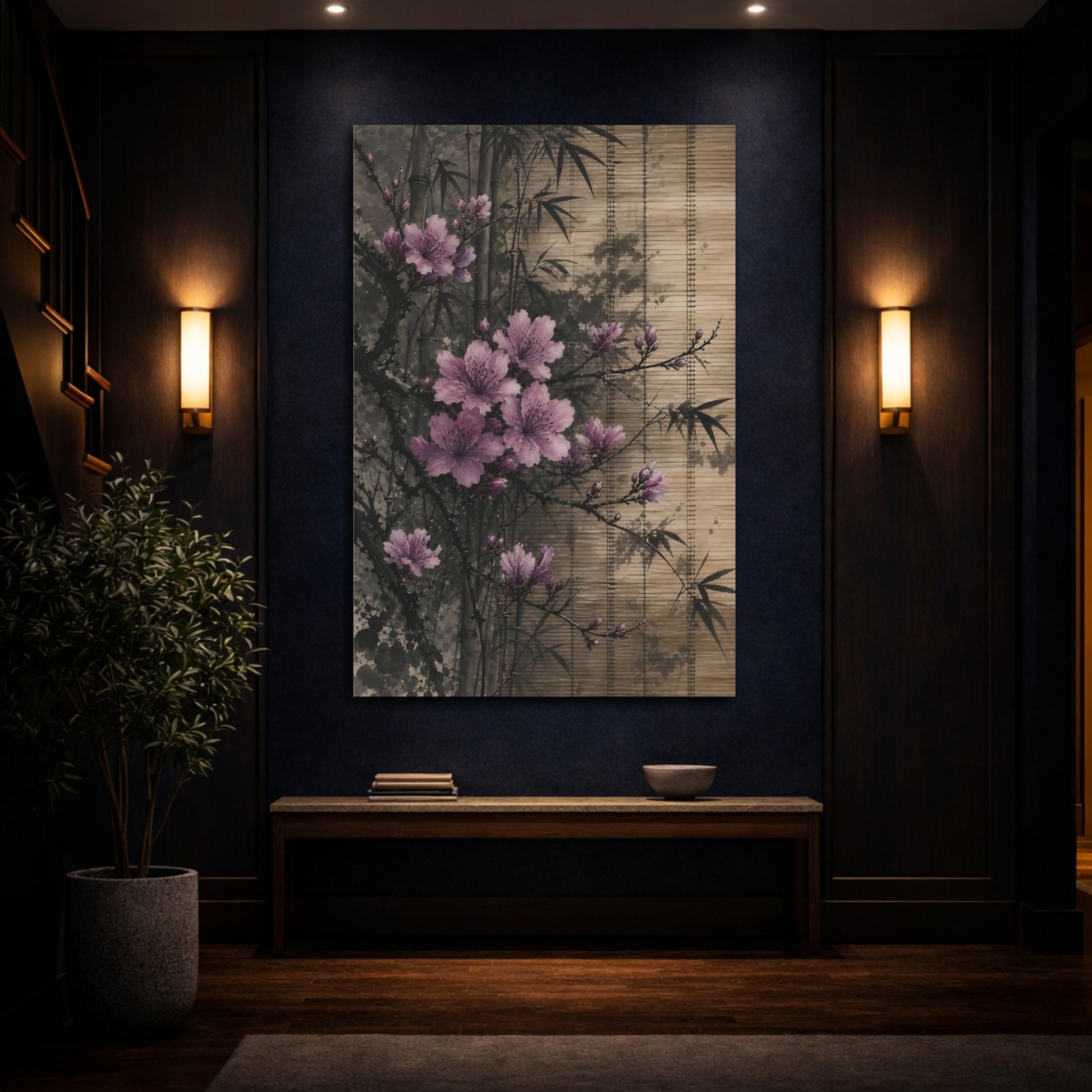 Mockup 4. Nature Pink Blossoms Pink Floral Bamboo shown as stretched canvas wall art