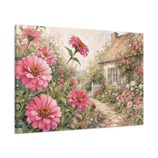 Main Mockup. Nature Pink Zinnias Pink Cottage Garden shown as stretched canvas wall art