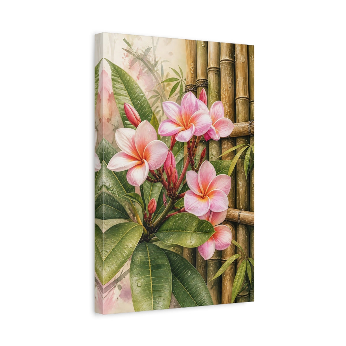 Side Mockup 4. Nature Plumeria Flowers Pink Plumeria Bamboo shown as stretched canvas wall art