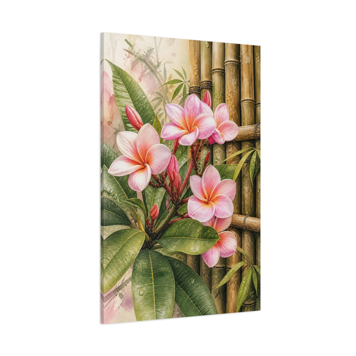 Side Mockup 1. Nature Plumeria Flowers Pink Plumeria Bamboo shown as stretched canvas wall art