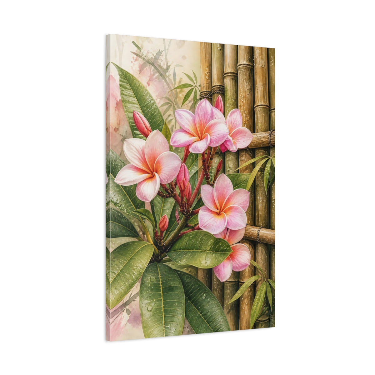 Main Mockup. Nature Plumeria Flowers Pink Plumeria Bamboo shown as stretched canvas wall art