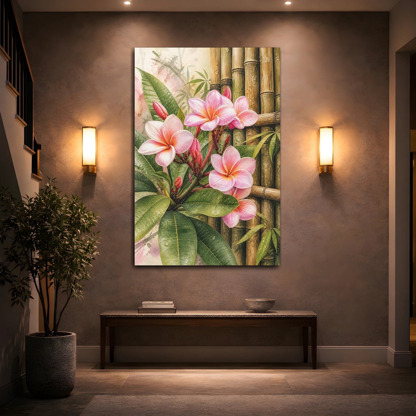 Mockup 2. Nature Plumeria Flowers Pink Plumeria Bamboo shown as stretched canvas wall art