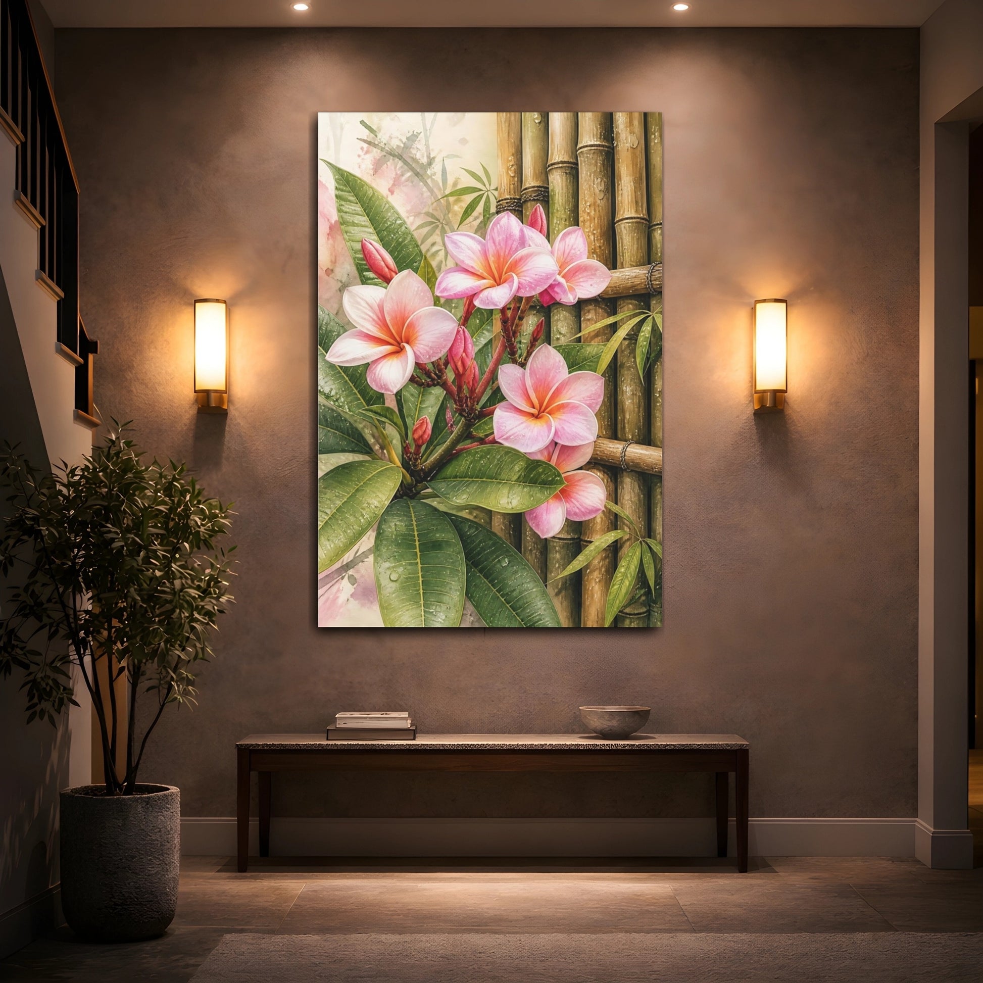 Mockup 2. Nature Plumeria Flowers Pink Plumeria Bamboo shown as stretched canvas wall art