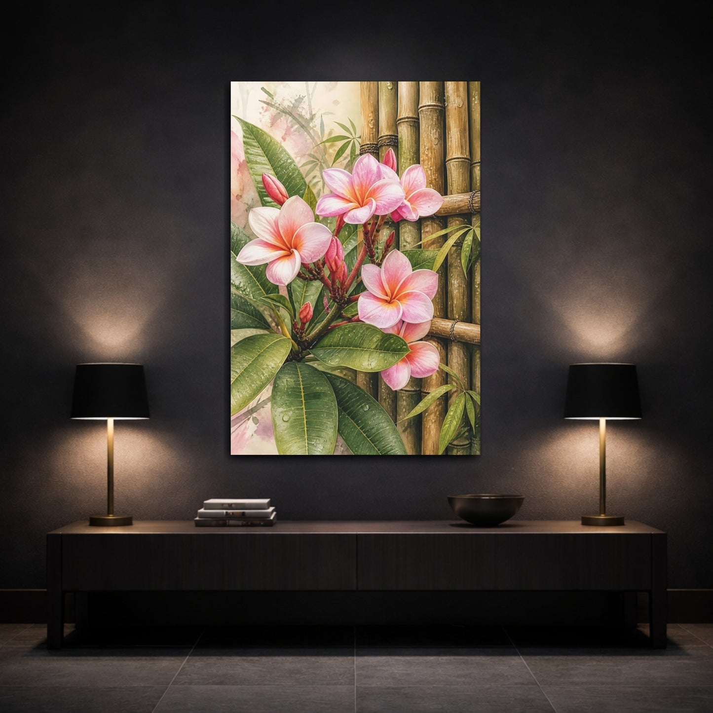 Mockup 3. Nature Plumeria Flowers Pink Plumeria Bamboo shown as stretched canvas wall art