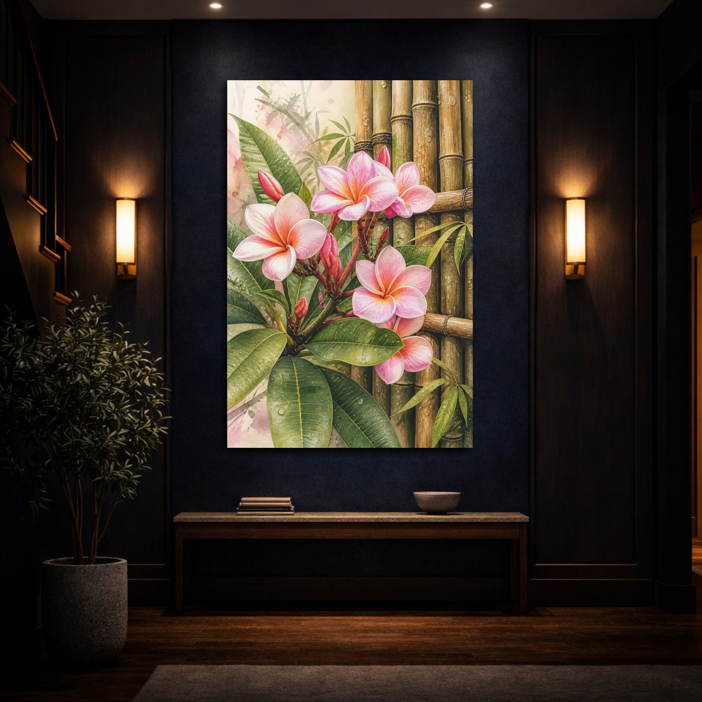 Mockup 4. Nature Plumeria Flowers Pink Plumeria Bamboo shown as stretched canvas wall art