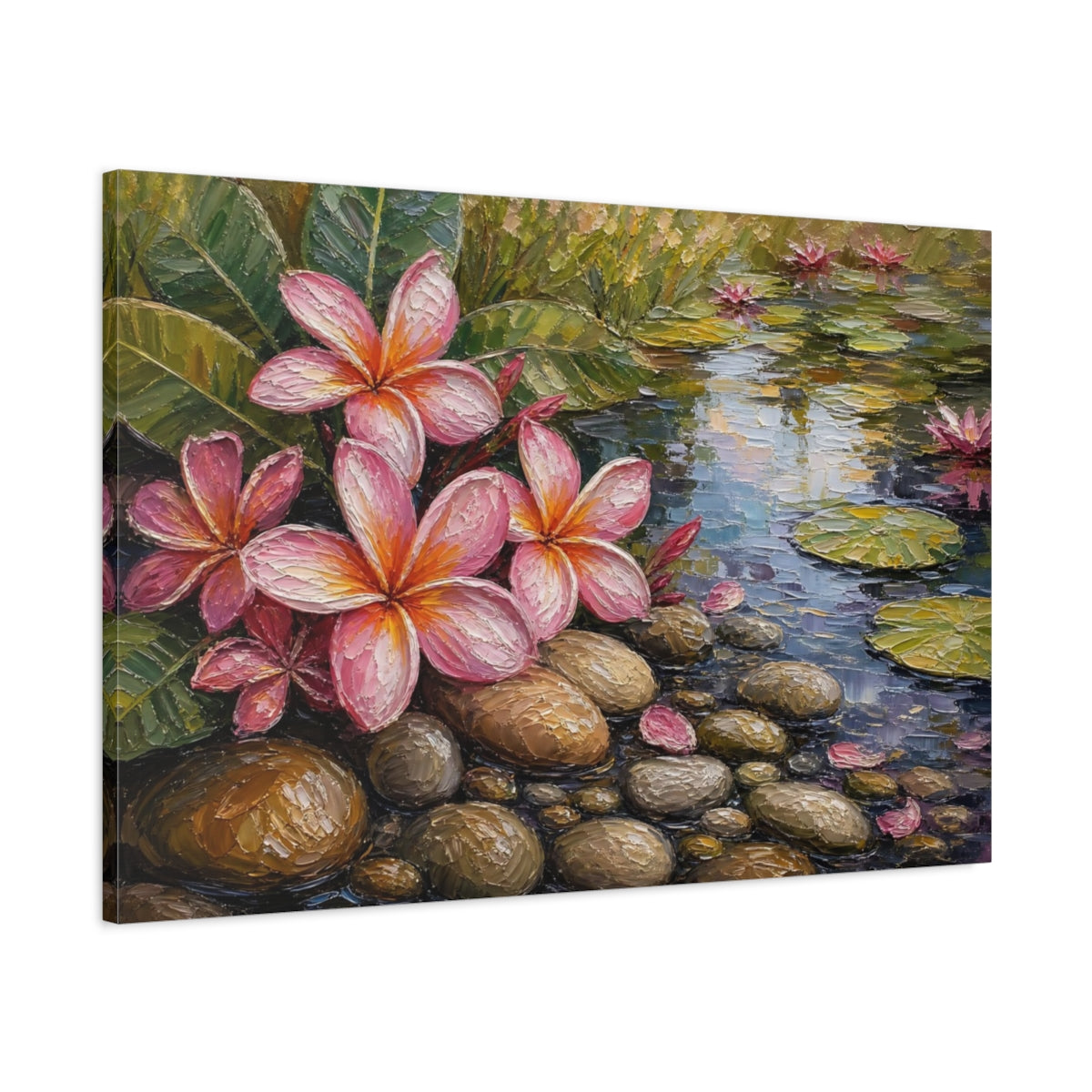 Main Mockup. Nature Plumeria Flowers Pink Plumeria Pond shown as stretched canvas wall art