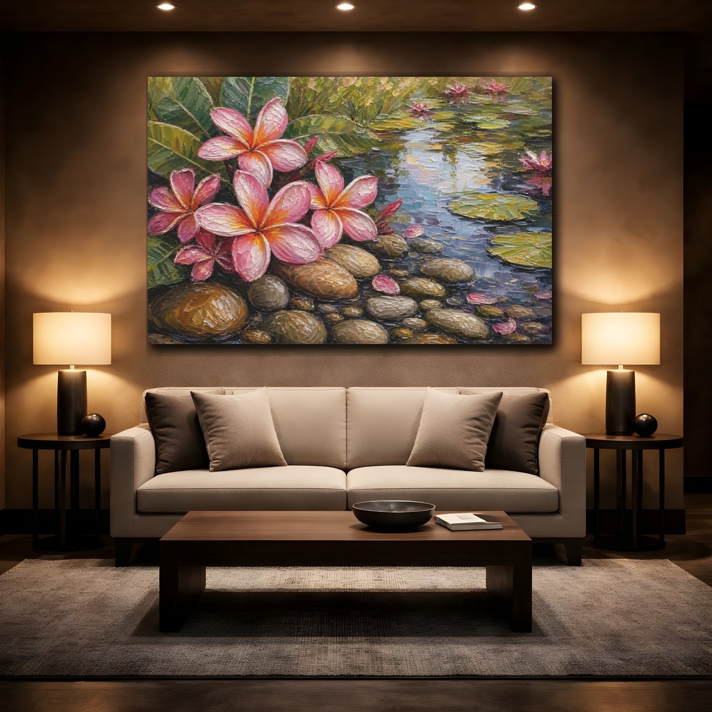Mockup 2. Nature Plumeria Flowers Pink Plumeria Pond shown as stretched canvas wall art