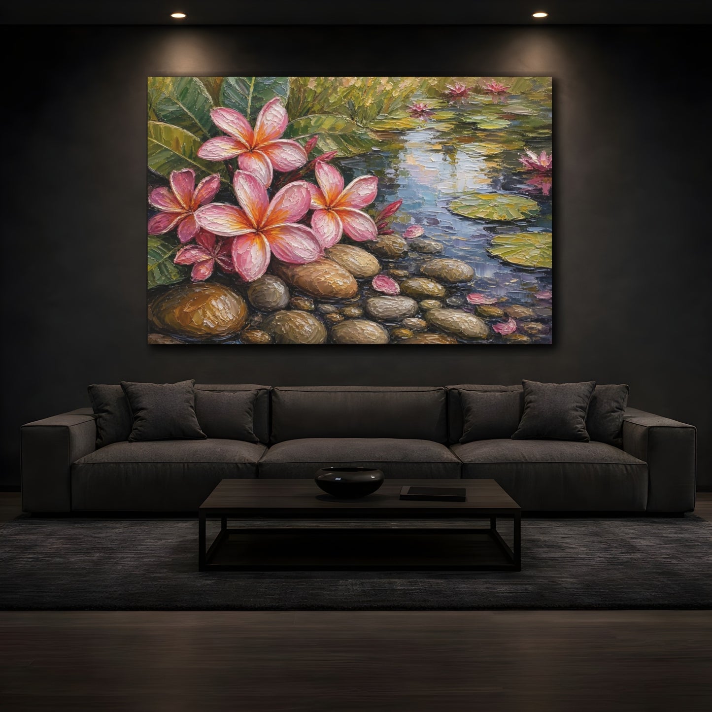 Mockup 3. Nature Plumeria Flowers Pink Plumeria Pond shown as stretched canvas wall art