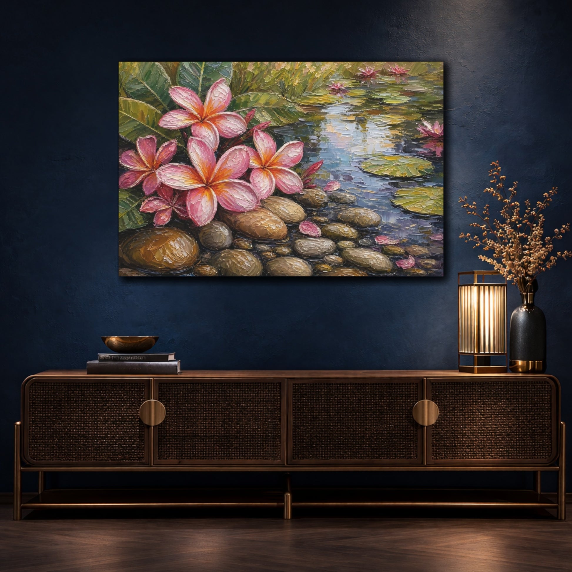 Mockup 4. Nature Plumeria Flowers Pink Plumeria Pond shown as stretched canvas wall art