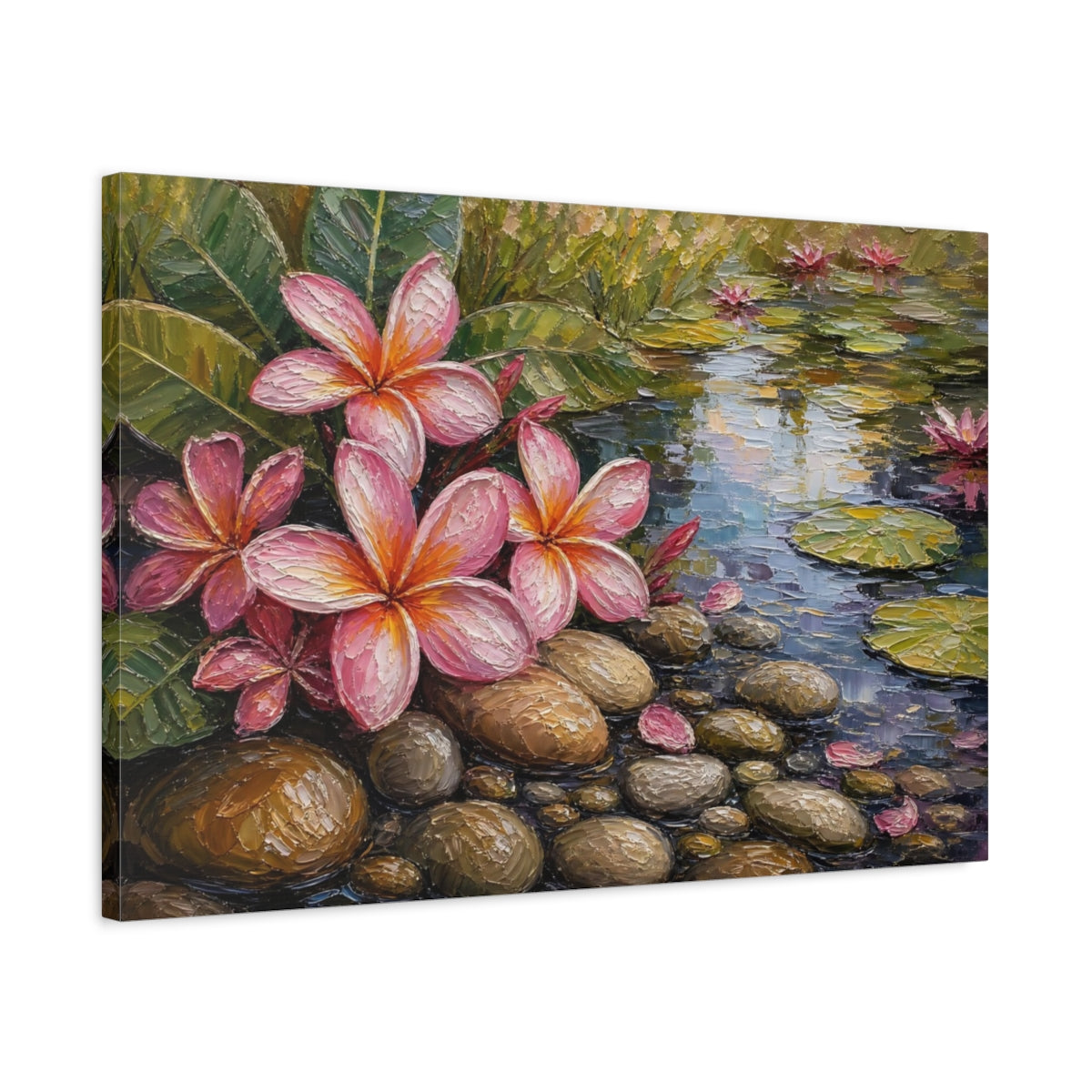 Side Mockup 2. Nature Plumeria Flowers Pink Plumeria Pond shown as stretched canvas wall art