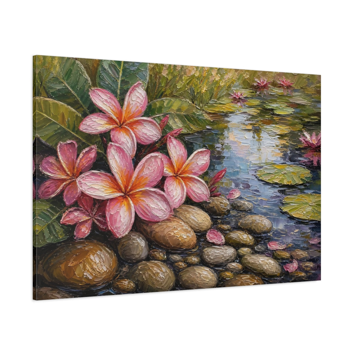 Side Mockup 1. Nature Plumeria Flowers Pink Plumeria Pond shown as stretched canvas wall art
