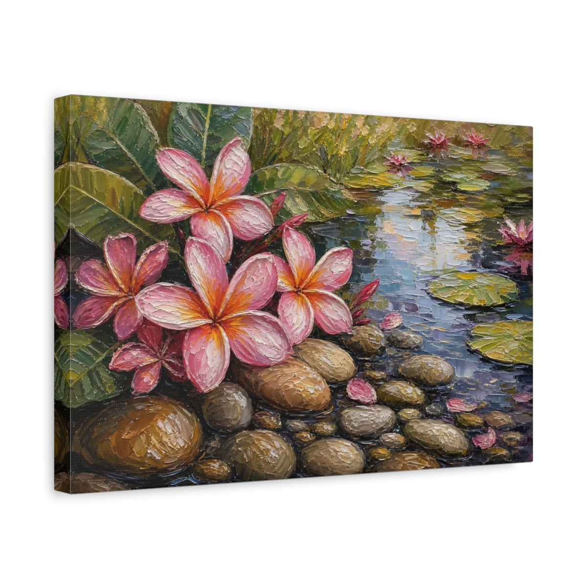 Side Mockup 4. Nature Plumeria Flowers Pink Plumeria Pond shown as stretched canvas wall art
