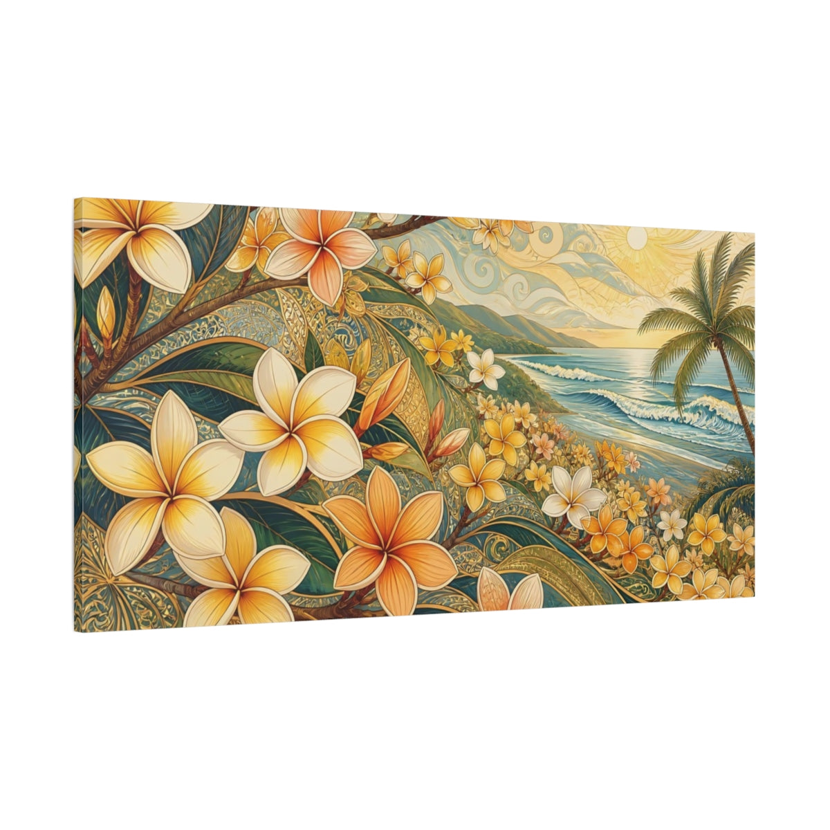 Side Mockup 2. Nature Plumeria Flowers Tropical Plumeria shown as stretched canvas wall art