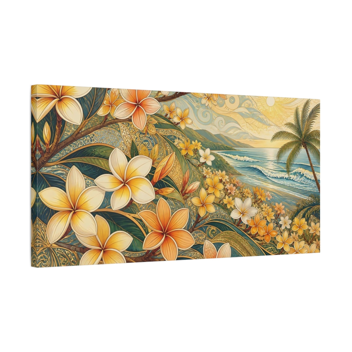 Side Mockup 1. Nature Plumeria Flowers Tropical Plumeria shown as stretched canvas wall art