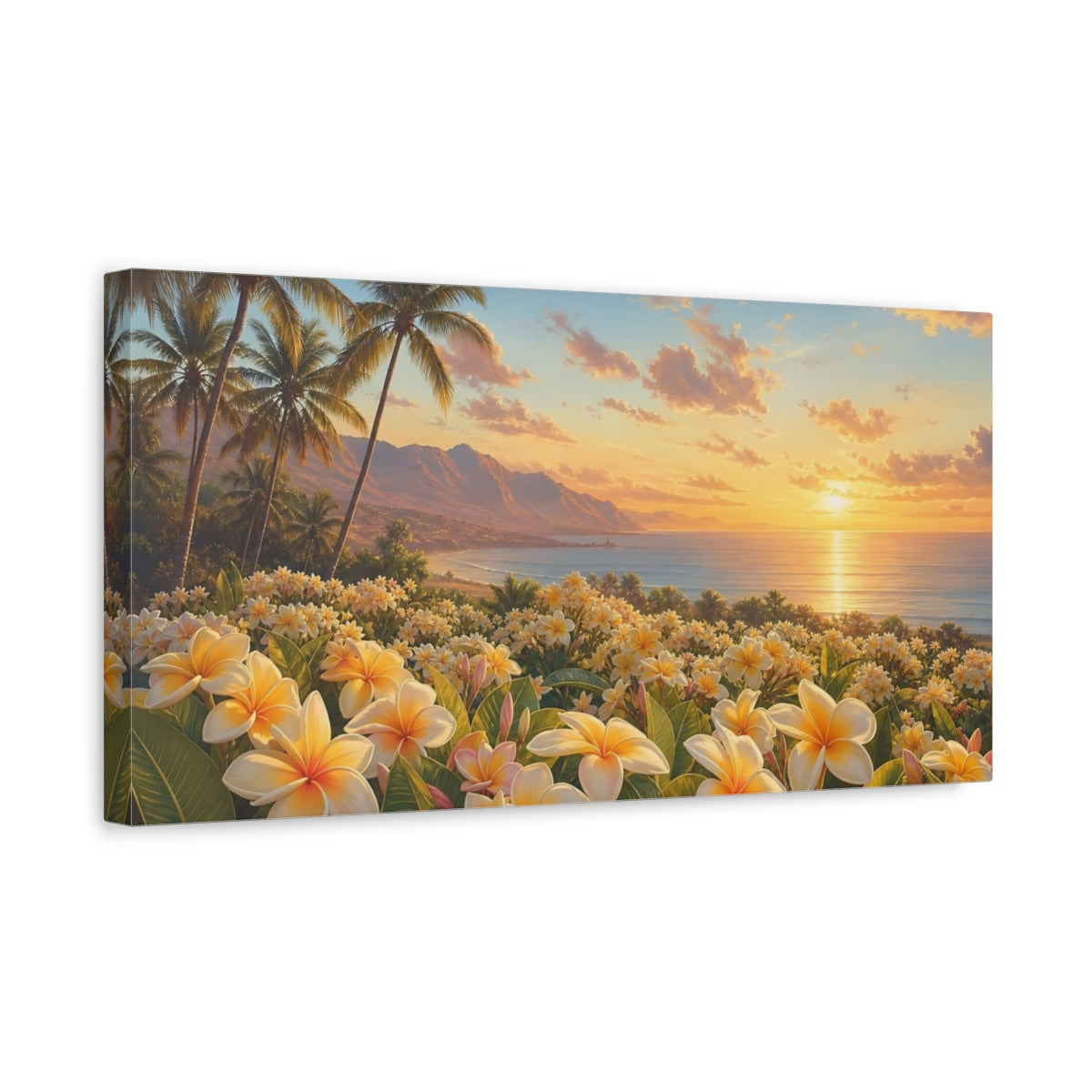 Side Mockup 3. Nature Plumeria Flowers Tropical Sunset shown as stretched canvas wall art