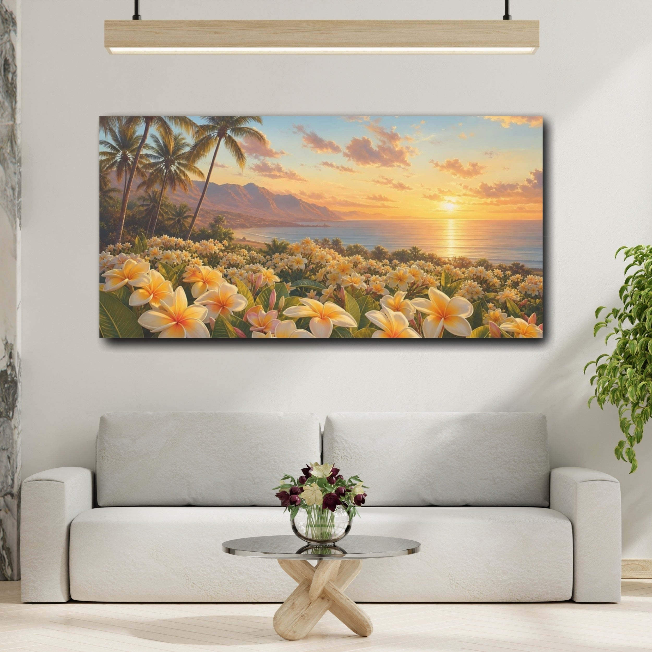 Mockup 2. Nature Plumeria Flowers Tropical Sunset shown as stretched canvas wall art