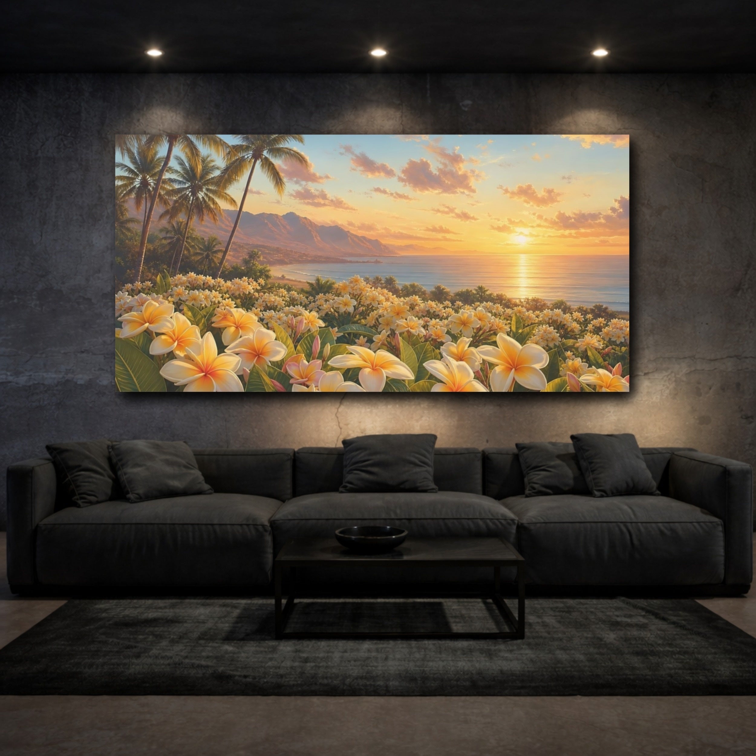 Mockup 3. Nature Plumeria Flowers Tropical Sunset shown as stretched canvas wall art