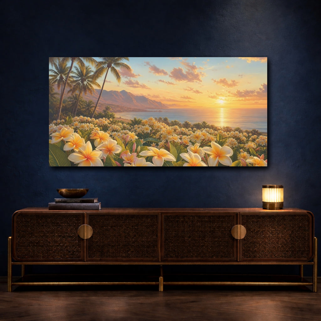 Mockup 4. Nature Plumeria Flowers Tropical Sunset shown as stretched canvas wall art