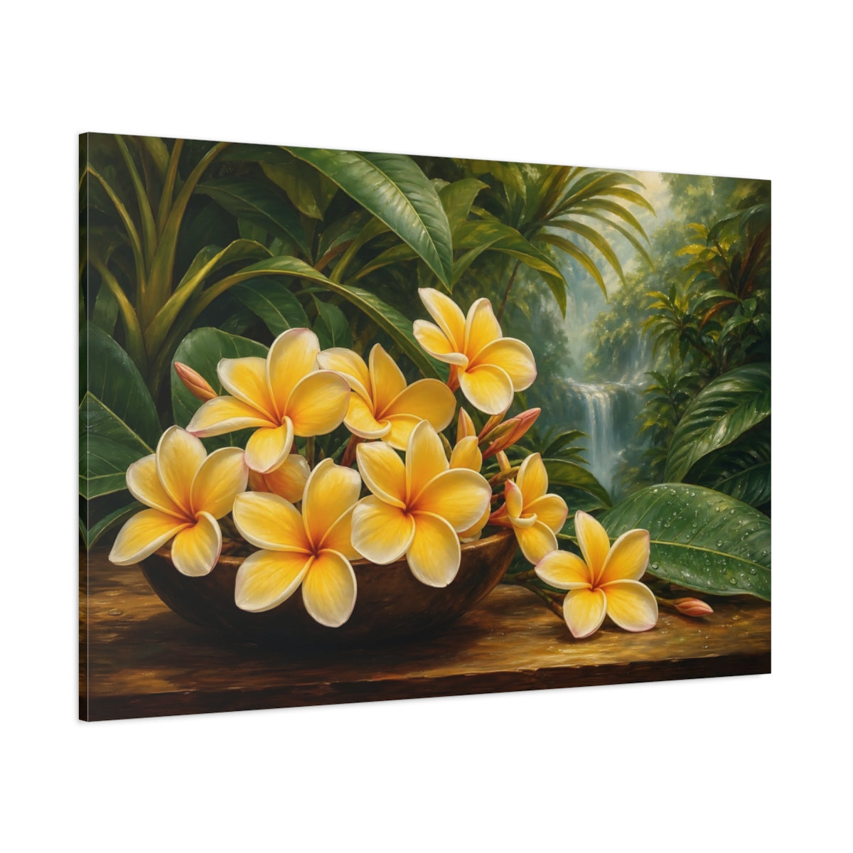 Side Mockup 1. Nature Plumeria Flowers Yellow Plumeria shown as stretched canvas wall art