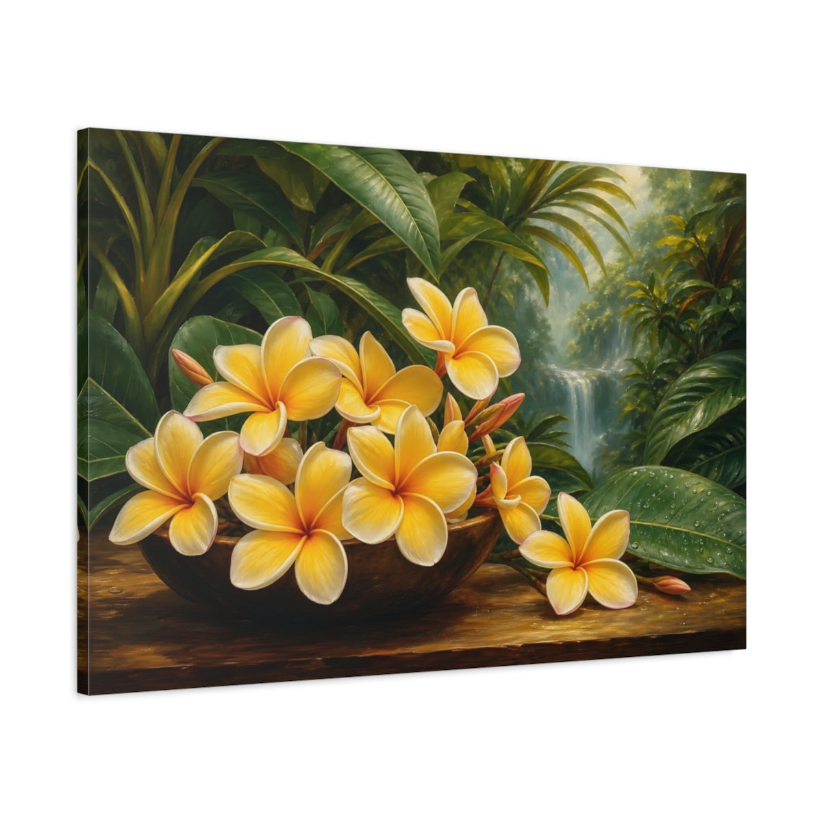 Main Mockup. Nature Plumeria Flowers Yellow Plumeria shown as stretched canvas wall art