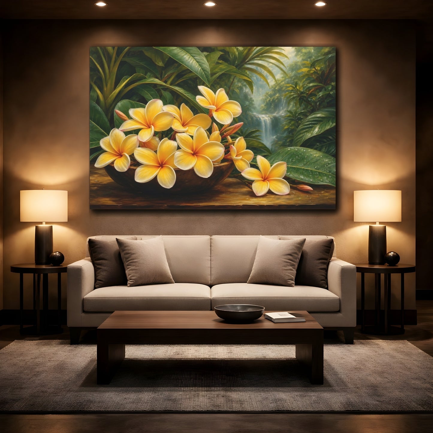 Mockup 2. Nature Plumeria Flowers Yellow Plumeria shown as stretched canvas wall art