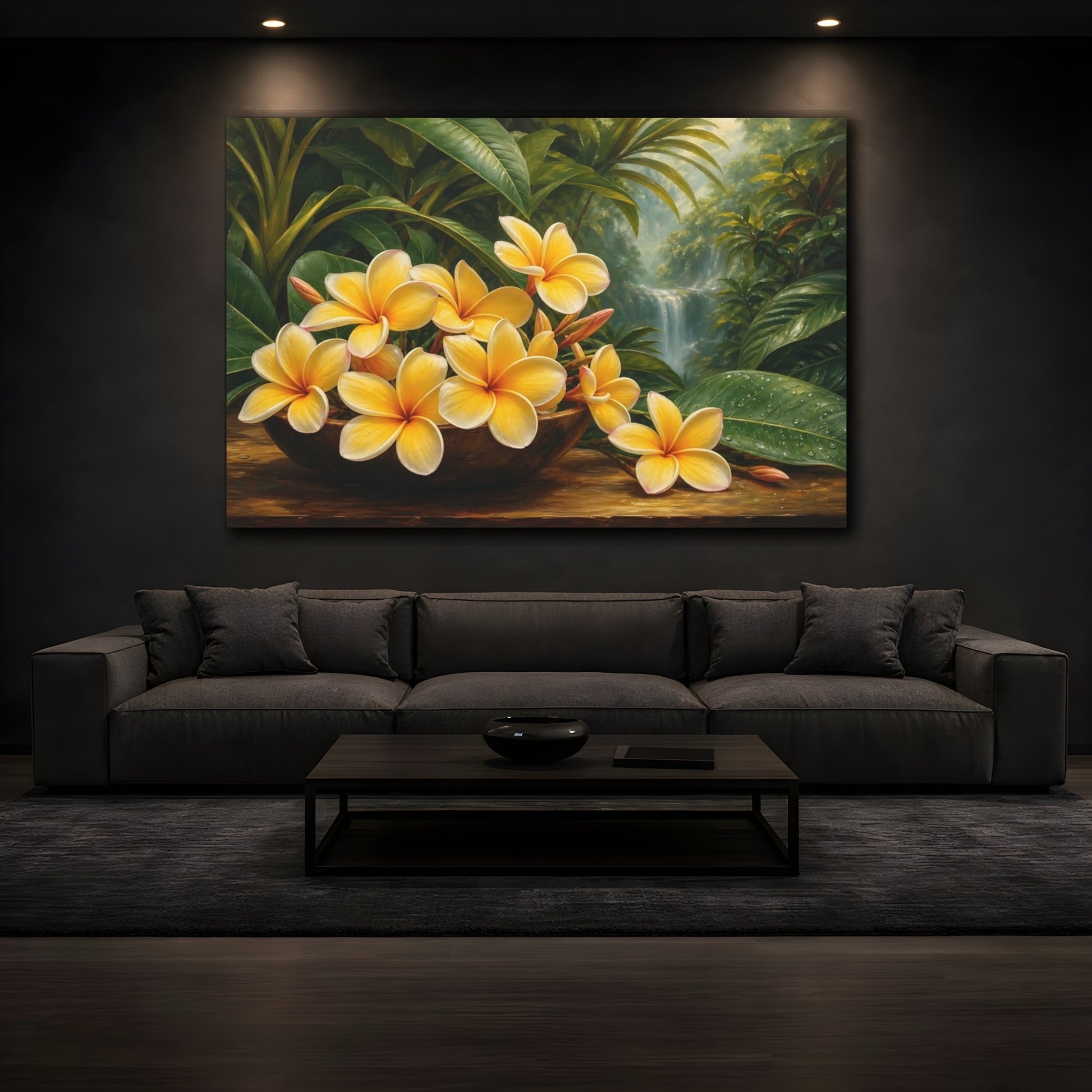 Mockup 3. Nature Plumeria Flowers Yellow Plumeria shown as stretched canvas wall art