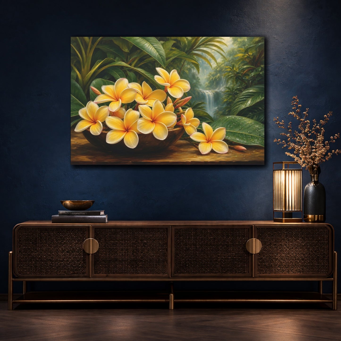 Mockup 4. Nature Plumeria Flowers Yellow Plumeria shown as stretched canvas wall art