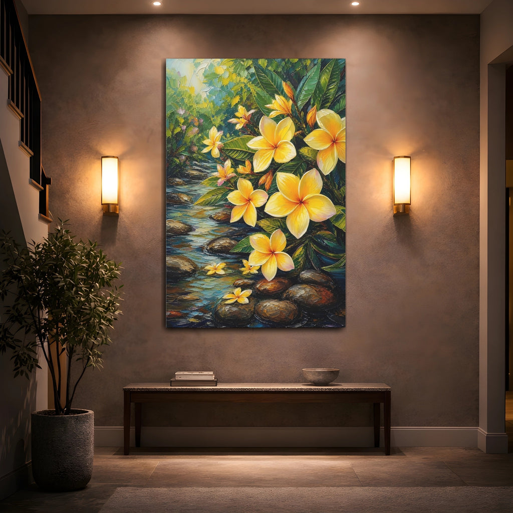 Mockup 2. Nature Plumeria Flowers Yellow Plumeria Stream shown as stretched canvas wall art