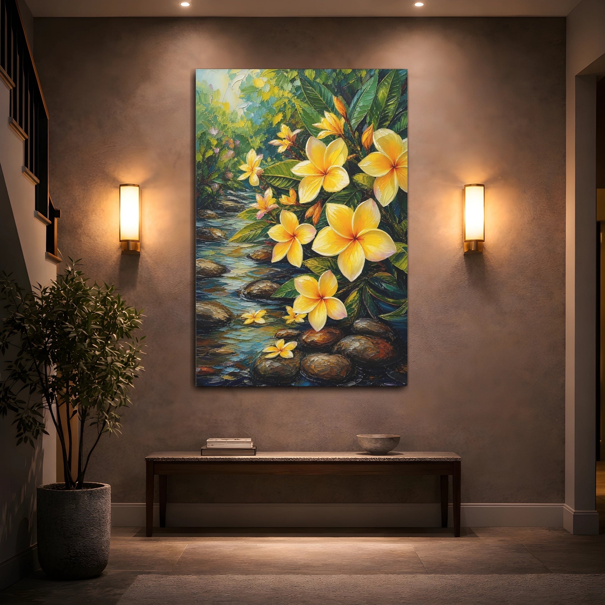 Mockup 2. Nature Plumeria Flowers Yellow Plumeria Stream shown as stretched canvas wall art