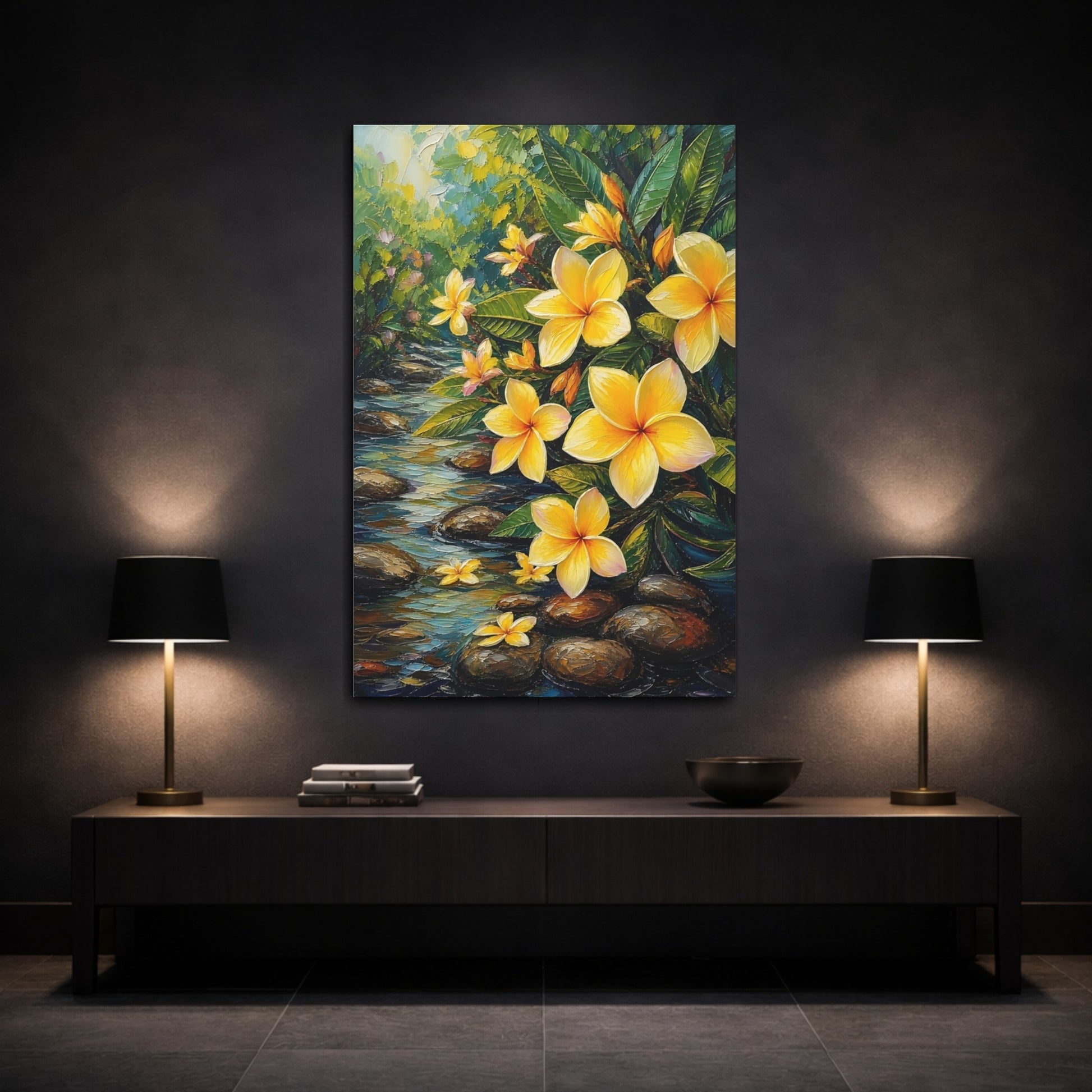 Mockup 3. Nature Plumeria Flowers Yellow Plumeria Stream shown as stretched canvas wall art