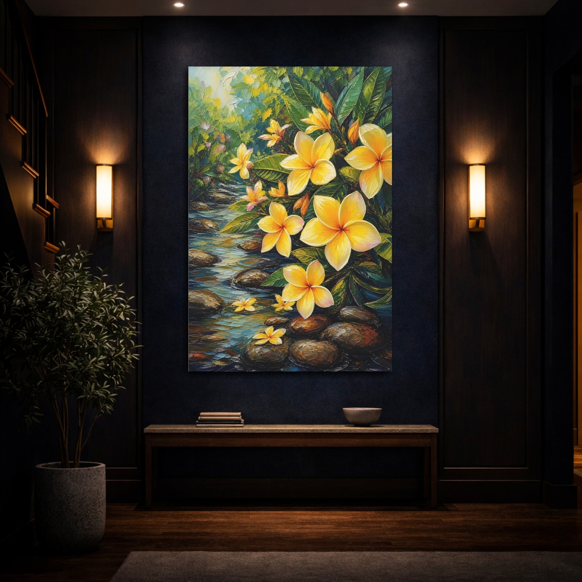 Mockup 4. Nature Plumeria Flowers Yellow Plumeria Stream shown as stretched canvas wall art