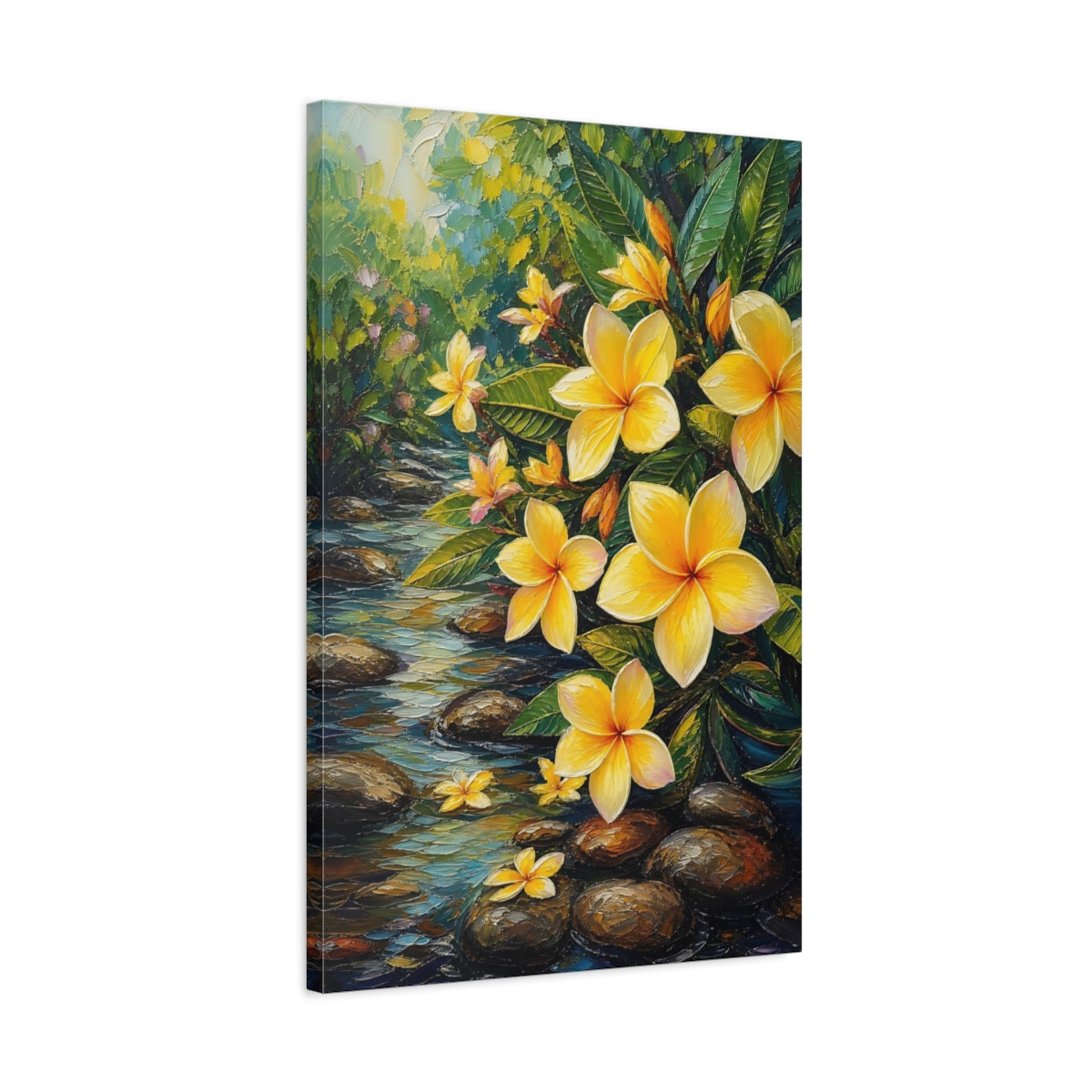 Side Mockup 2. Nature Plumeria Flowers Yellow Plumeria Stream shown as stretched canvas wall art