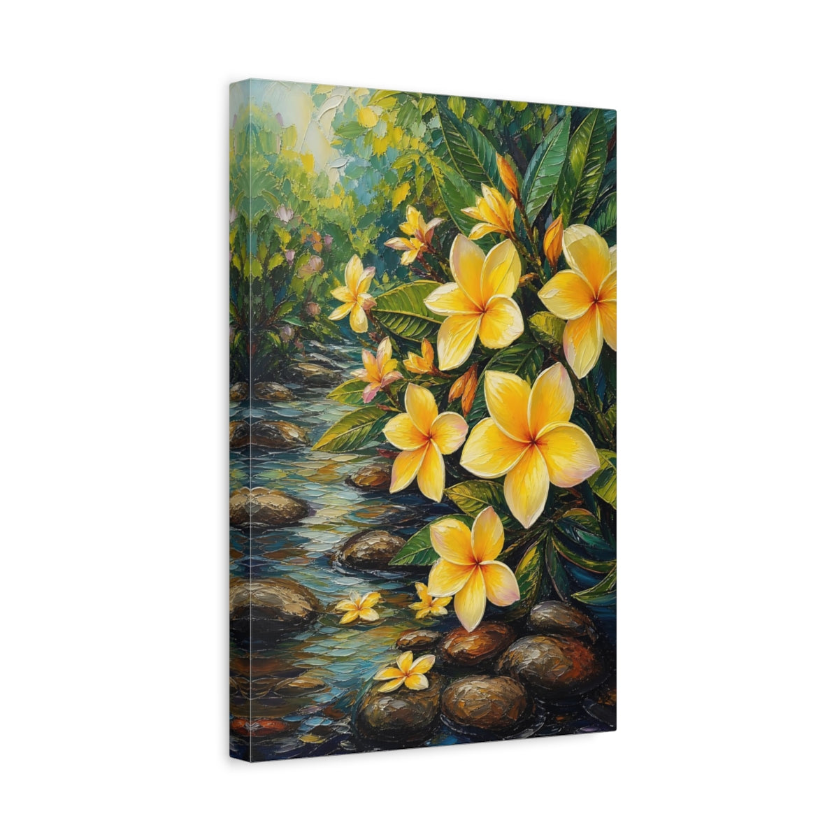 Side Mockup 4. Nature Plumeria Flowers Yellow Plumeria Stream shown as stretched canvas wall art