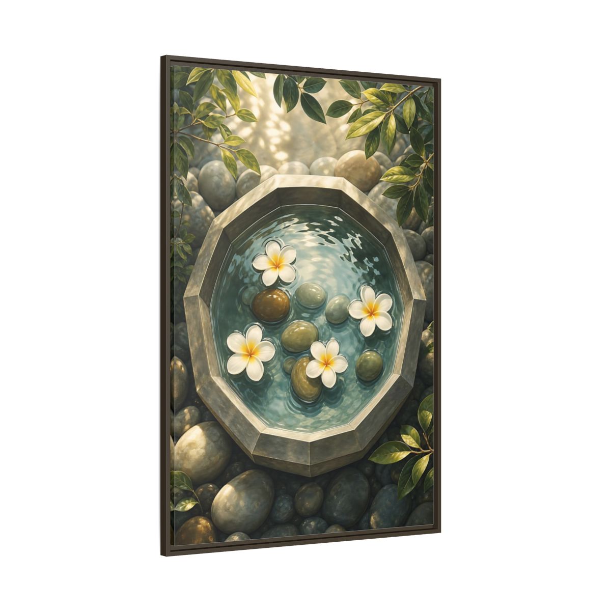Side Mockup 8. Nature Plumeria Flowers Zen Plumeria shown as stretched canvas wall art