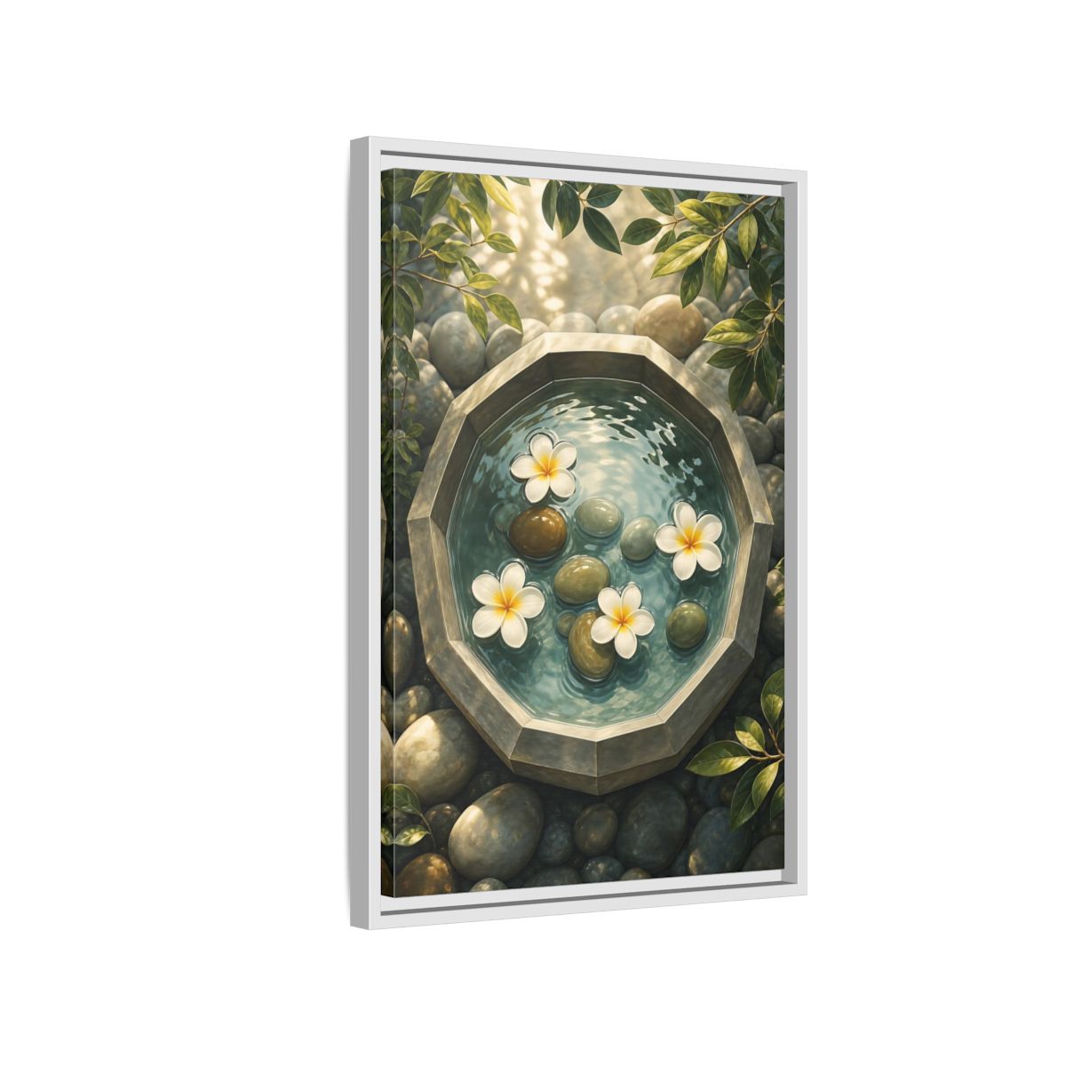 Side Mockup 1. Nature Plumeria Flowers Zen Plumeria shown as stretched canvas wall art