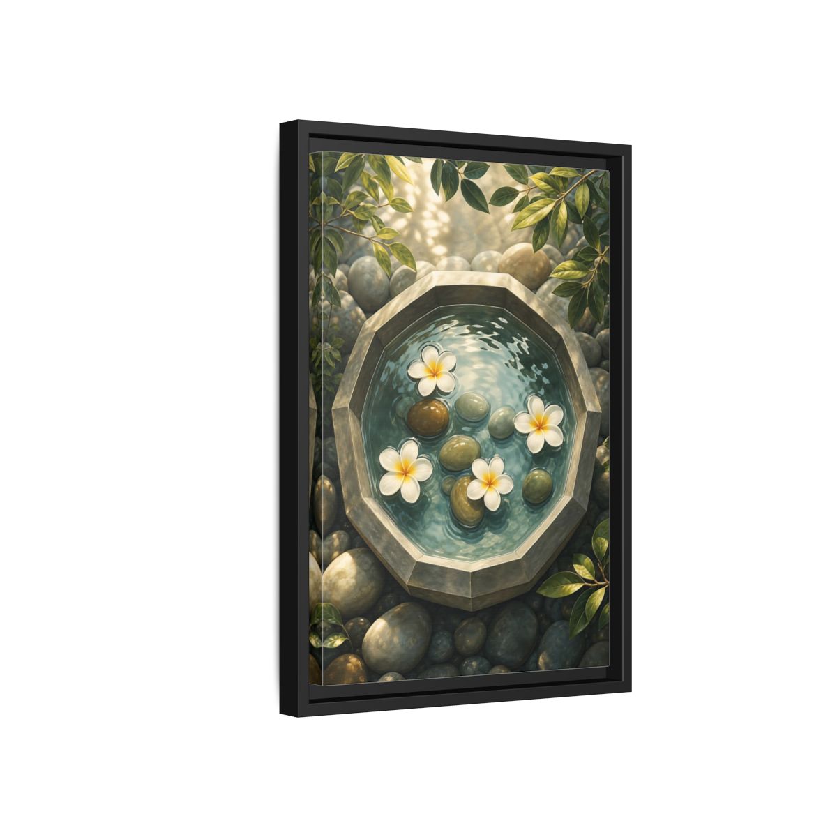 Side Mockup 6. Nature Plumeria Flowers Zen Plumeria shown as stretched canvas wall art