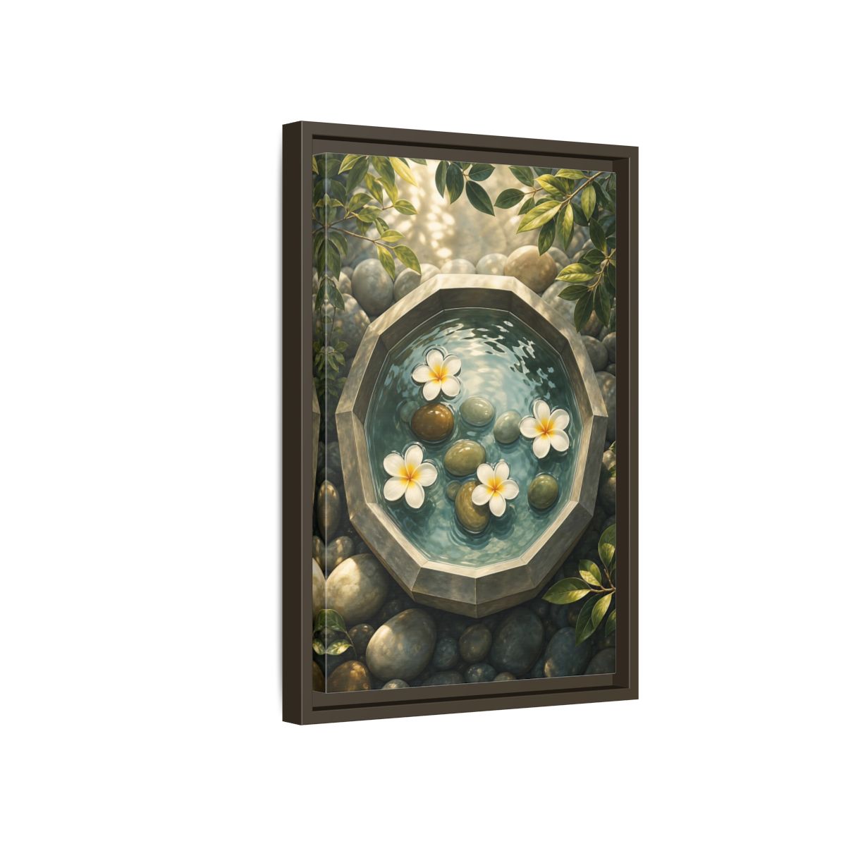 Side Mockup 5. Nature Plumeria Flowers Zen Plumeria shown as stretched canvas wall art
