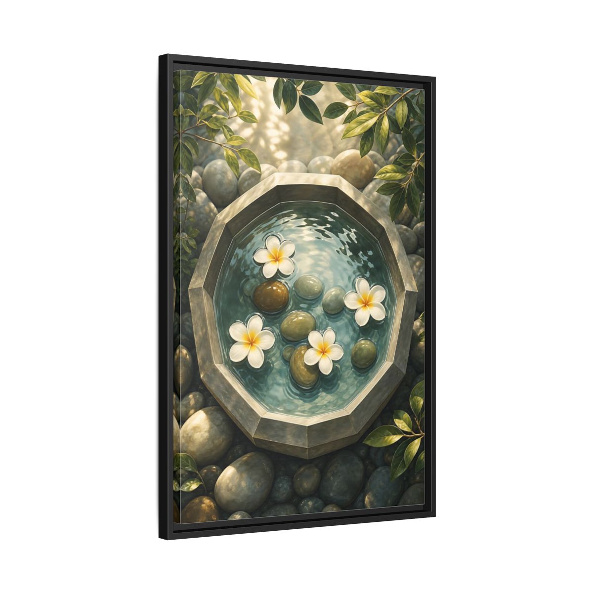 Side Mockup 14. Nature Plumeria Flowers Zen Plumeria shown as stretched canvas wall art