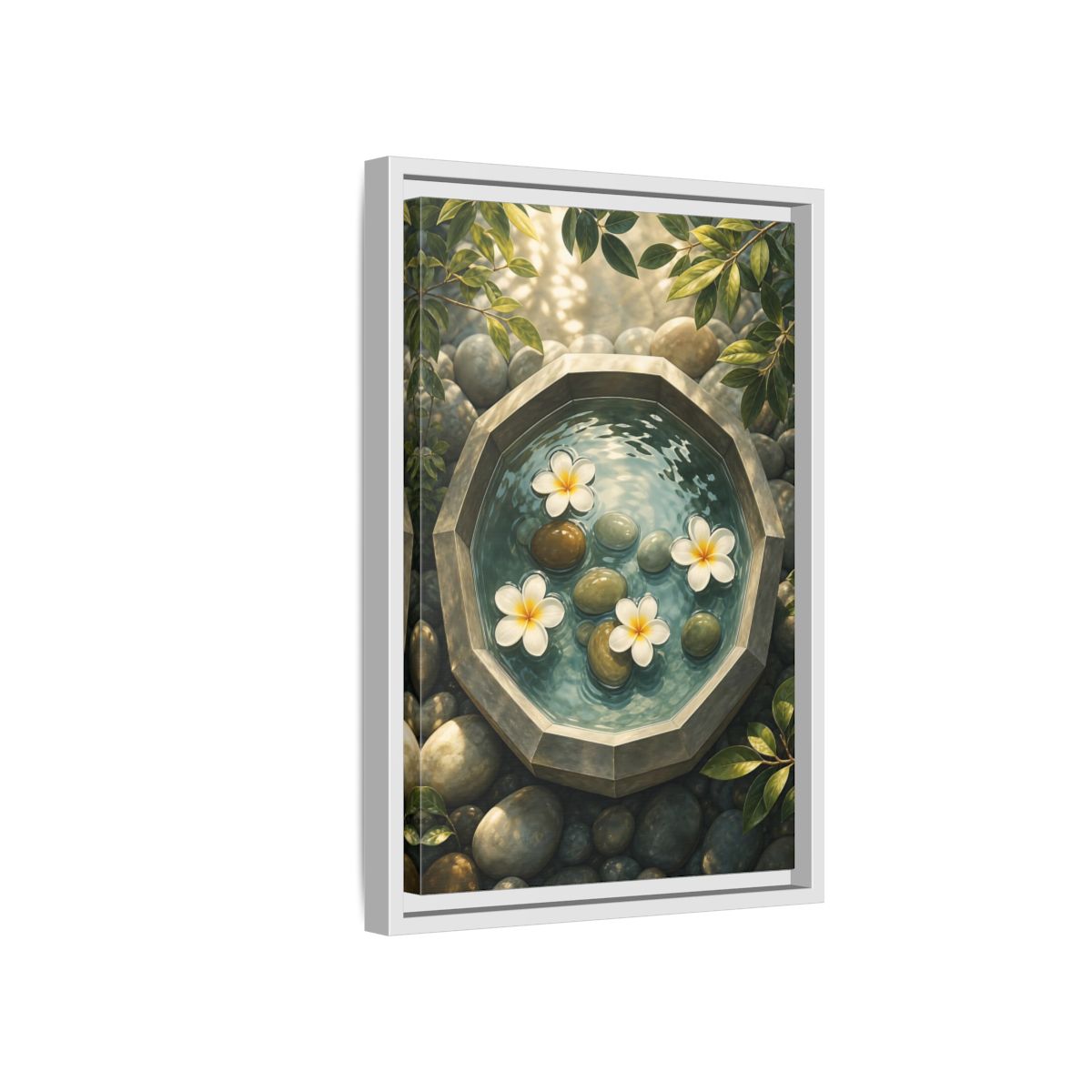 Side Mockup 4. Nature Plumeria Flowers Zen Plumeria shown as stretched canvas wall art