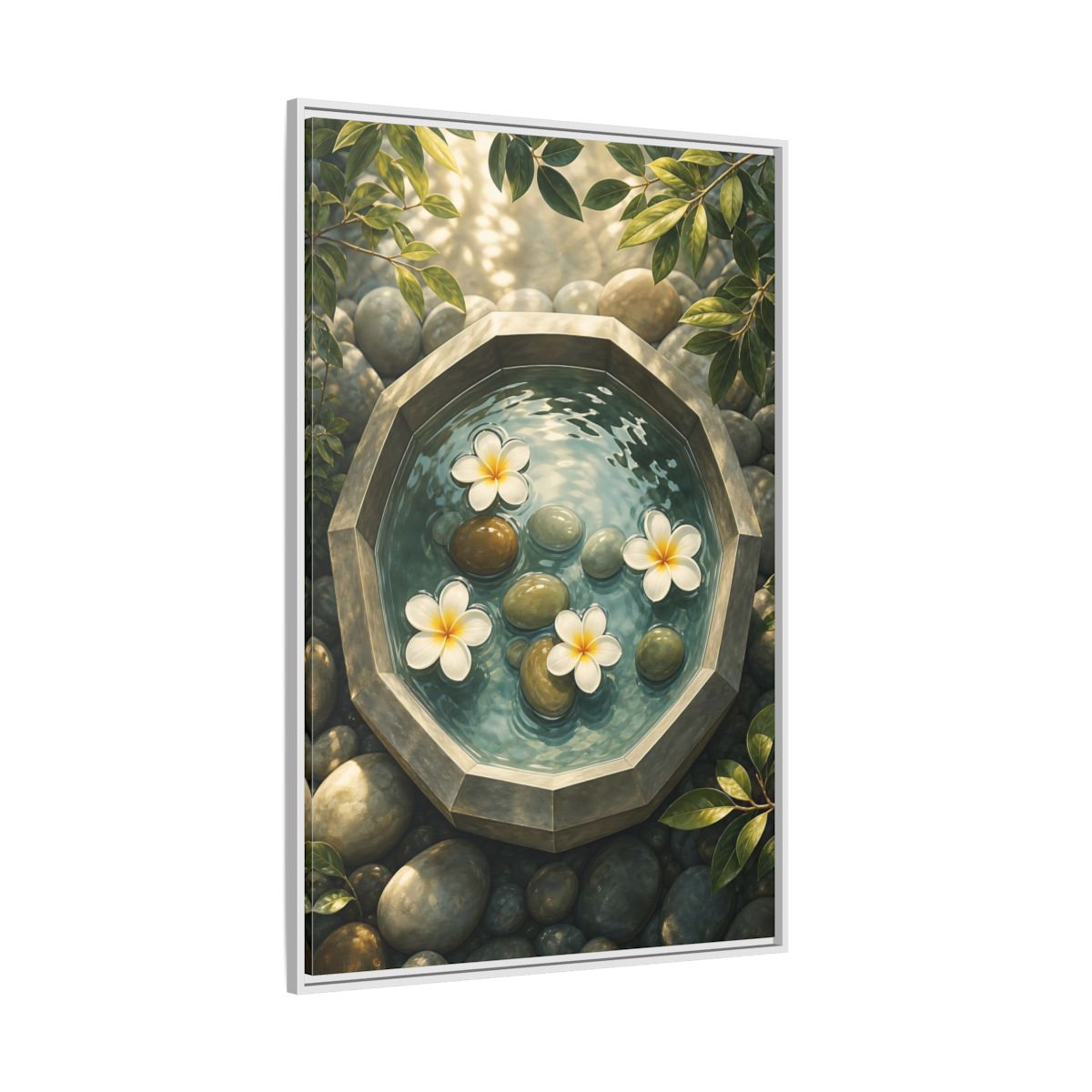 Side Mockup 7. Nature Plumeria Flowers Zen Plumeria shown as stretched canvas wall art