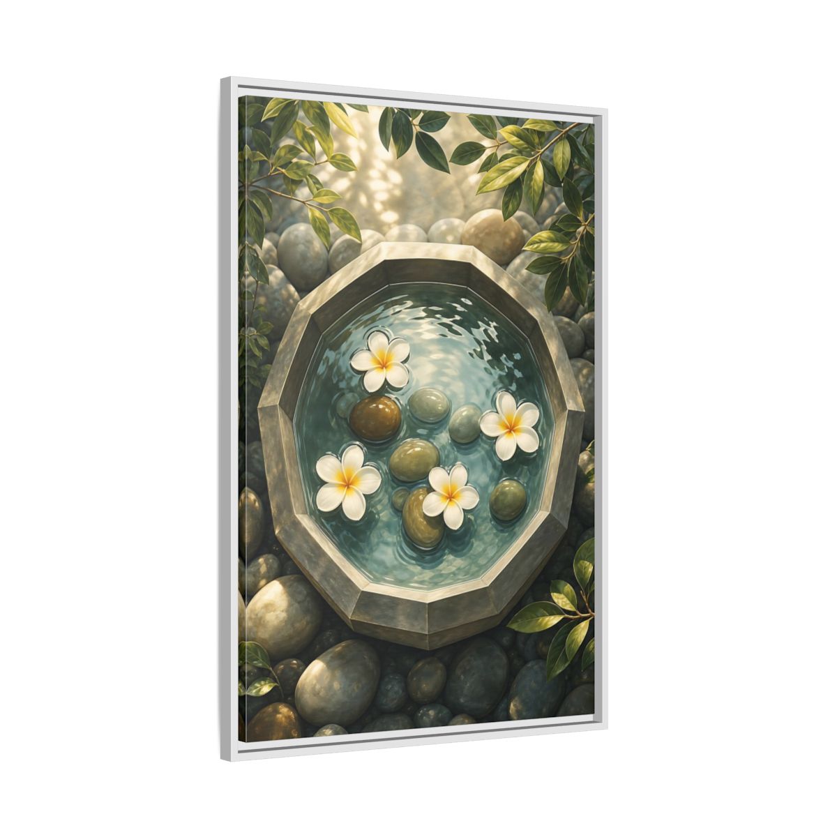 Side Mockup 9. Nature Plumeria Flowers Zen Plumeria shown as stretched canvas wall art