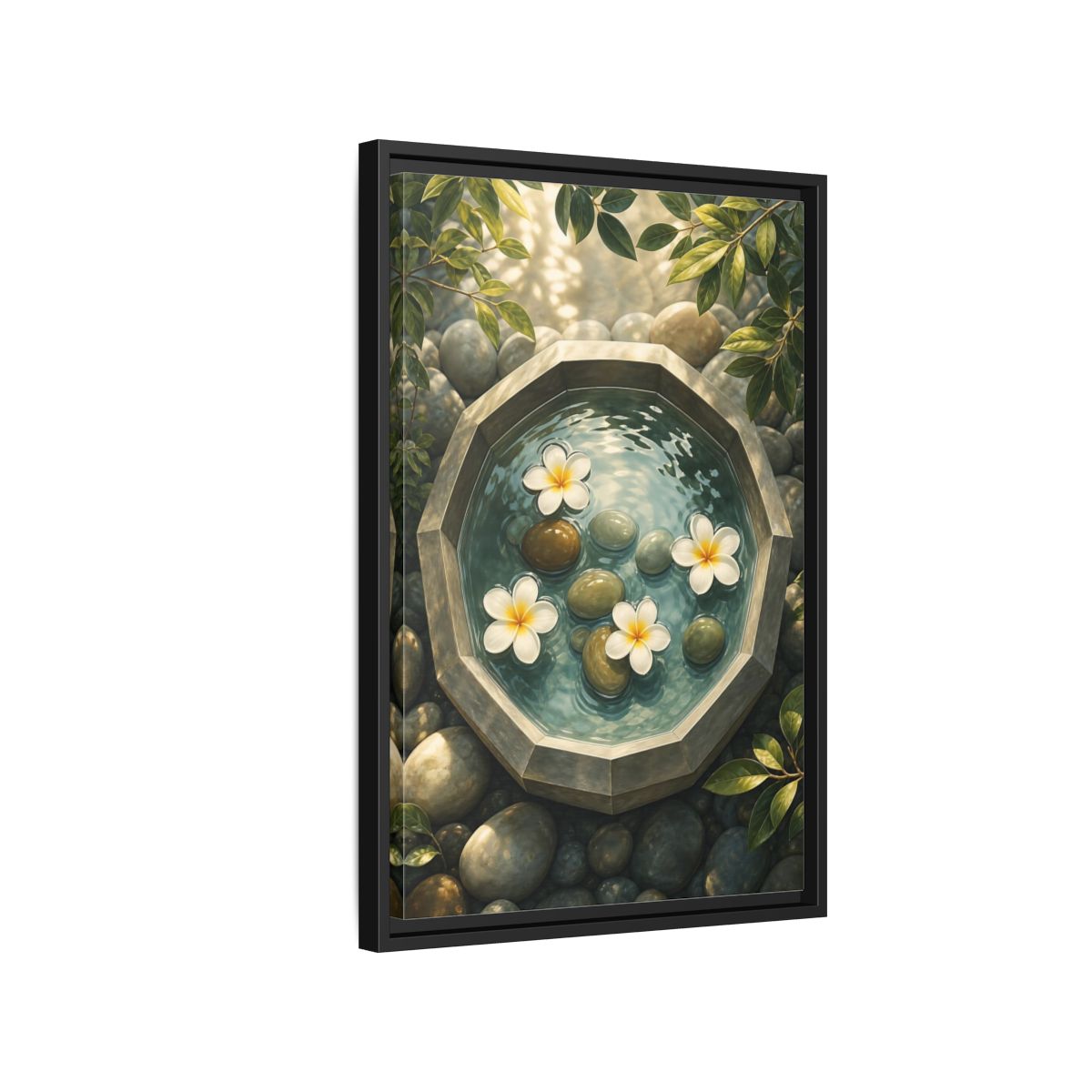 Side Mockup 3. Nature Plumeria Flowers Zen Plumeria shown as stretched canvas wall art
